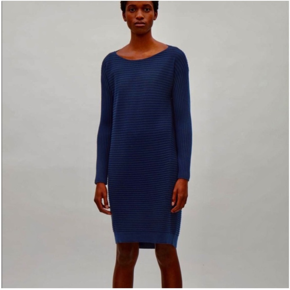 COS Ribbed Merino Wool Sweater Dress, blue and black, size small
